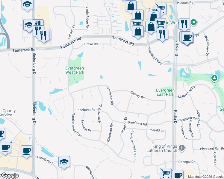 map of restaurants, bars, coffee shops, grocery stores, and more near 8030 Somerset Road in Woodbury