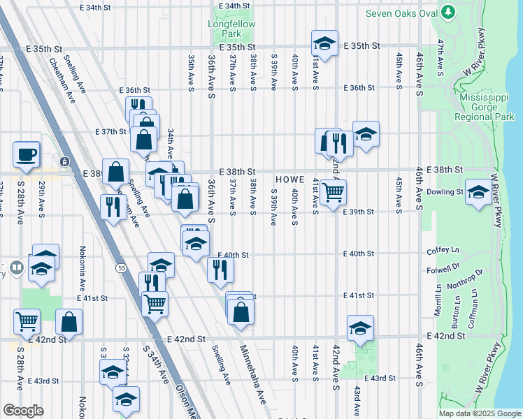 map of restaurants, bars, coffee shops, grocery stores, and more near 3859 East 39th Street in Minneapolis