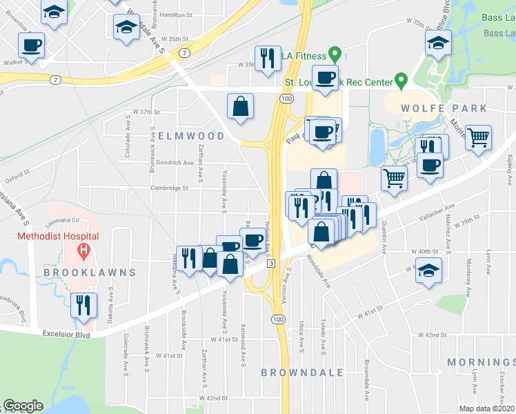 map of restaurants, bars, coffee shops, grocery stores, and more near 5624 West 39th Street in Minneapolis
