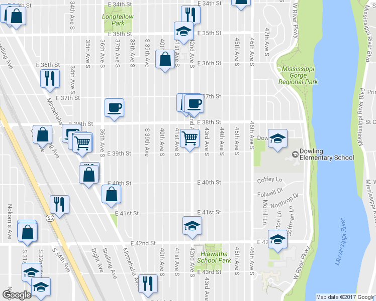map of restaurants, bars, coffee shops, grocery stores, and more near 3856 42nd Avenue South in Minneapolis