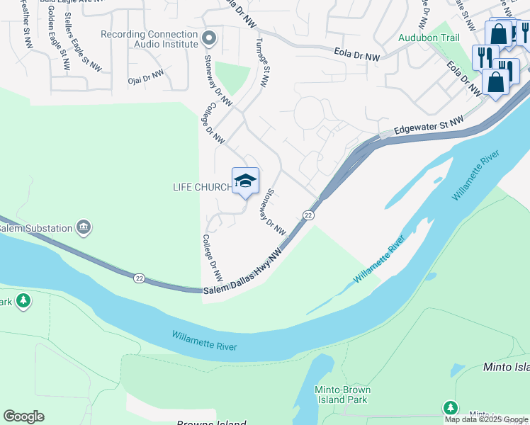 map of restaurants, bars, coffee shops, grocery stores, and more near 174 Stoneway Drive Northwest in Salem