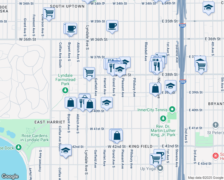 map of restaurants, bars, coffee shops, grocery stores, and more near 3852 Grand Avenue South in Minneapolis