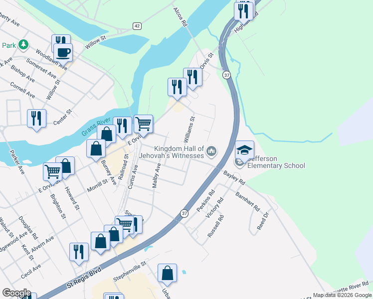 map of restaurants, bars, coffee shops, grocery stores, and more near 43 Bayley Rd in Massena