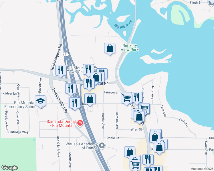 map of restaurants, bars, coffee shops, grocery stores, and more near 151621 County Road NN in Wausau