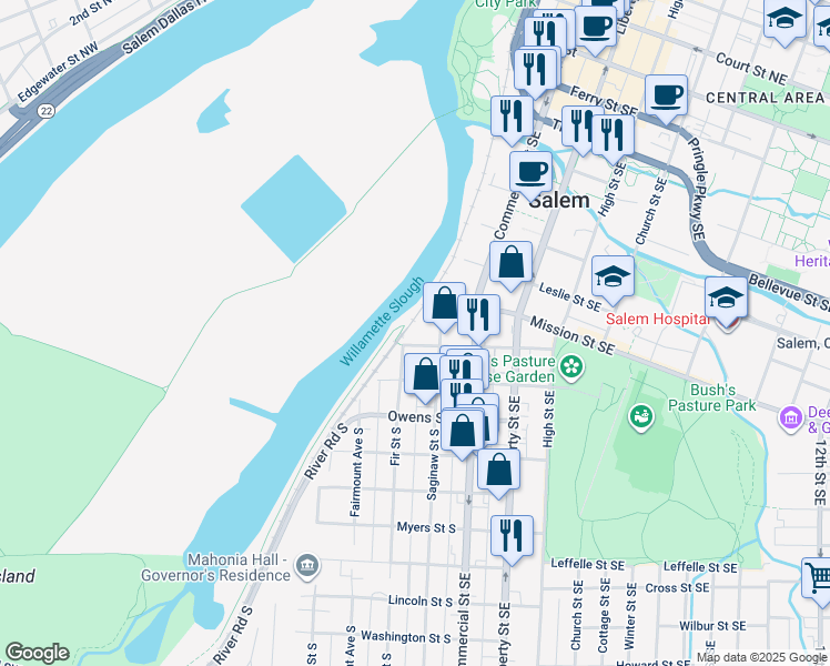 map of restaurants, bars, coffee shops, grocery stores, and more near 295 Kearney Street South in Salem