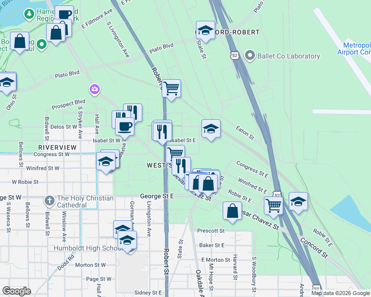 map of restaurants, bars, coffee shops, grocery stores, and more near 125 Congress Street East in Saint Paul