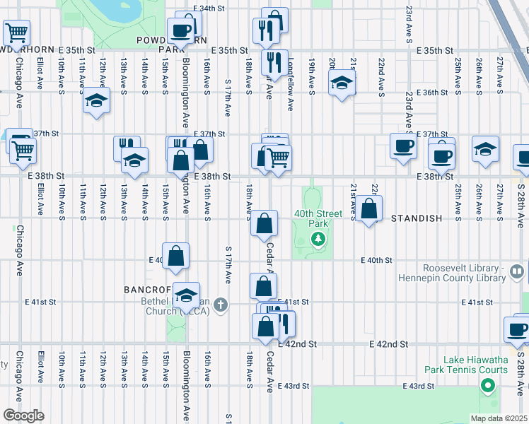 map of restaurants, bars, coffee shops, grocery stores, and more near 3846 Cedar Avenue in Minneapolis