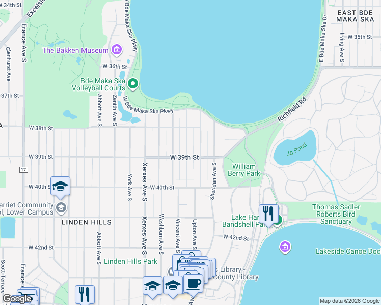 map of restaurants, bars, coffee shops, grocery stores, and more near 3845 Upton Avenue South in Minneapolis