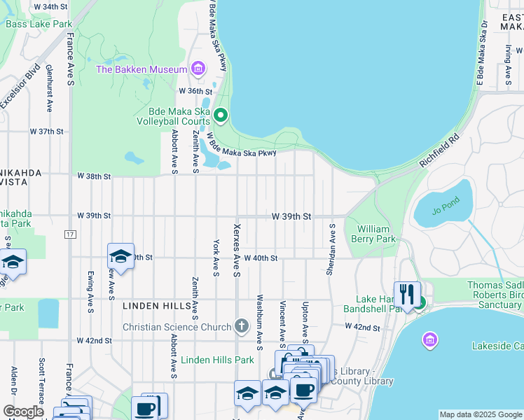 map of restaurants, bars, coffee shops, grocery stores, and more near 3844 Washburn Avenue South in Minneapolis