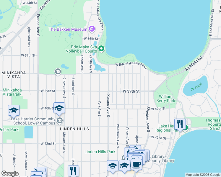 map of restaurants, bars, coffee shops, grocery stores, and more near 3844 Washburn Avenue South in Minneapolis
