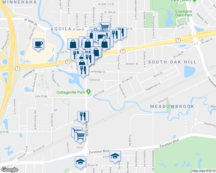 map of restaurants, bars, coffee shops, grocery stores, and more near 1405 Lake Street Northeast in Hopkins