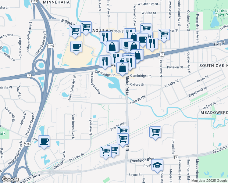map of restaurants, bars, coffee shops, grocery stores, and more near 1045 Hiawatha Avenue in Hopkins