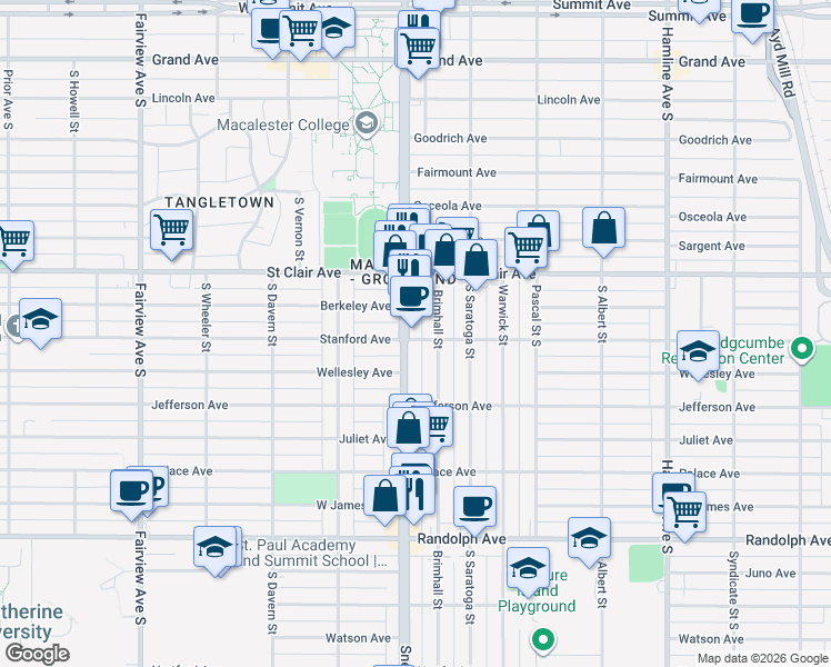 map of restaurants, bars, coffee shops, grocery stores, and more near 300 Snelling Avenue South in Saint Paul