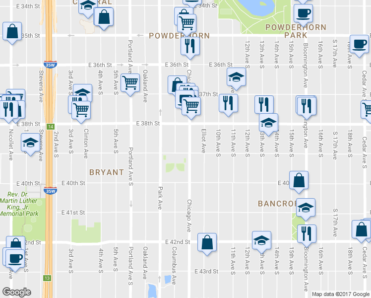 map of restaurants, bars, coffee shops, grocery stores, and more near 3852 Chicago Avenue in Minneapolis