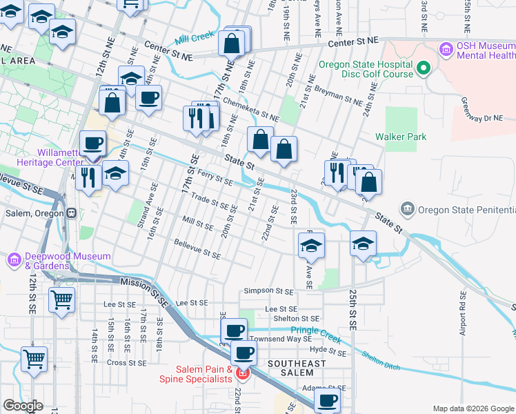 map of restaurants, bars, coffee shops, grocery stores, and more near 260 21st Street Southeast in Salem