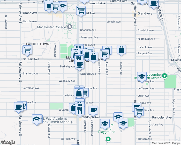 map of restaurants, bars, coffee shops, grocery stores, and more near 297 South Saratoga Street in Saint Paul