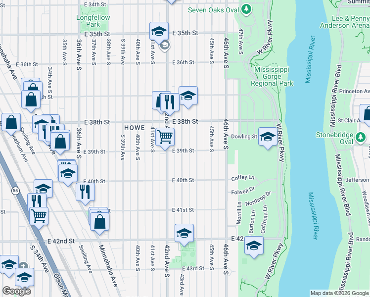 map of restaurants, bars, coffee shops, grocery stores, and more near 3855 43rd Avenue South in Minneapolis