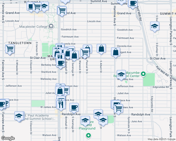 map of restaurants, bars, coffee shops, grocery stores, and more near 1459 Stanford Avenue in Saint Paul