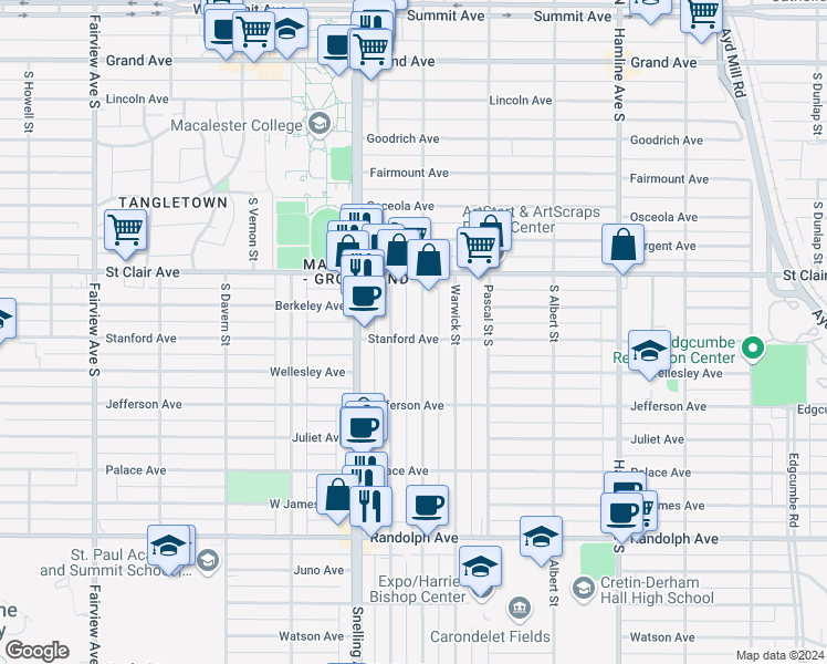 map of restaurants, bars, coffee shops, grocery stores, and more near 297 South Saratoga Street in Saint Paul
