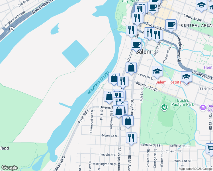 map of restaurants, bars, coffee shops, grocery stores, and more near 295 Kearney Street South in Salem