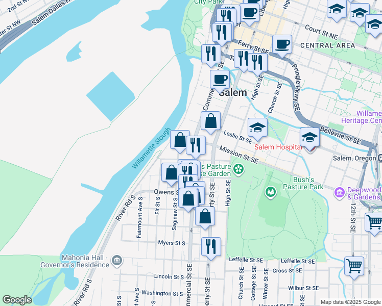 map of restaurants, bars, coffee shops, grocery stores, and more near 890 Saginaw Street South in Salem