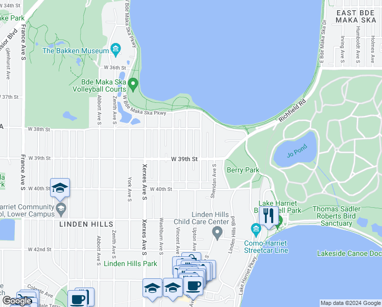 map of restaurants, bars, coffee shops, grocery stores, and more near 3841 Upton Avenue South in Minneapolis
