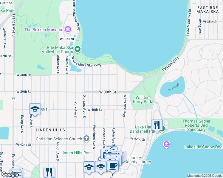 map of restaurants, bars, coffee shops, grocery stores, and more near 3841 Upton Avenue South in Minneapolis