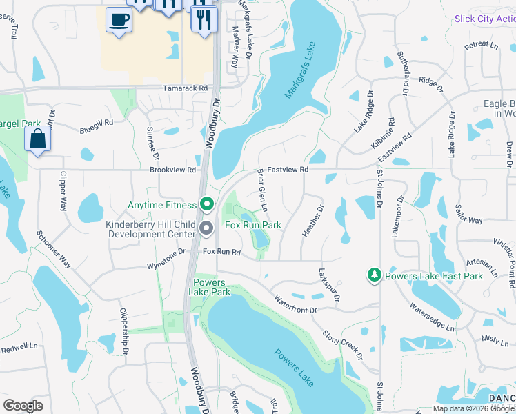 map of restaurants, bars, coffee shops, grocery stores, and more near 1040 Briar Glen Lane in Woodbury