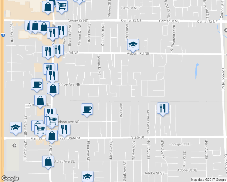 map of restaurants, bars, coffee shops, grocery stores, and more near 378 Burma Court Northeast in Salem
