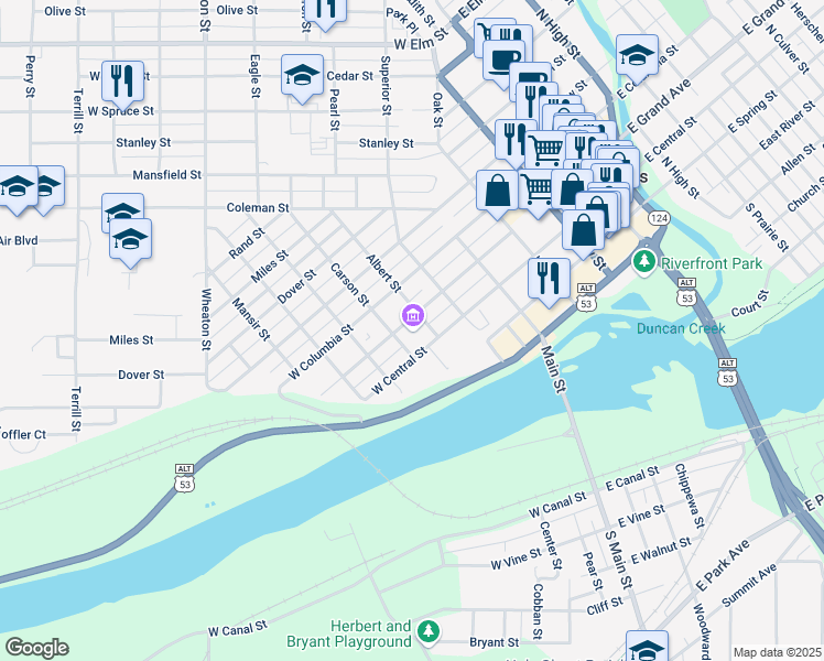 map of restaurants, bars, coffee shops, grocery stores, and more near 505 West Grand Avenue in Chippewa Falls