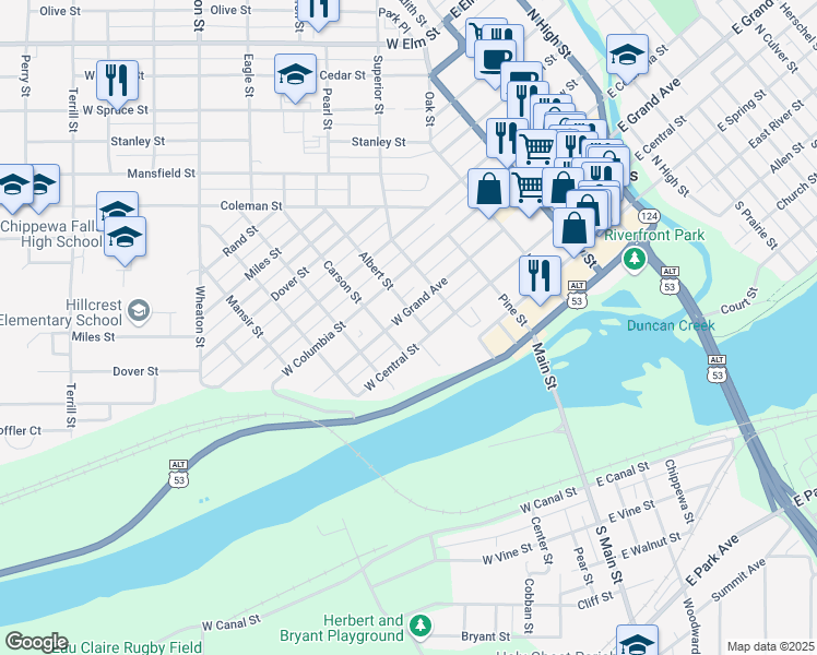 map of restaurants, bars, coffee shops, grocery stores, and more near 505 West Grand Avenue in Chippewa Falls