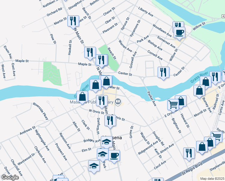 map of restaurants, bars, coffee shops, grocery stores, and more near 22 Phillips Street in Massena