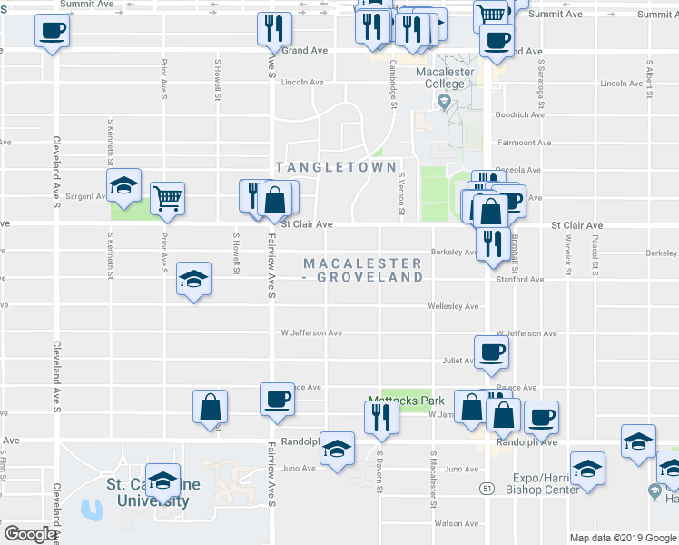map of restaurants, bars, coffee shops, grocery stores, and more near 1745 Stanford Avenue in Saint Paul