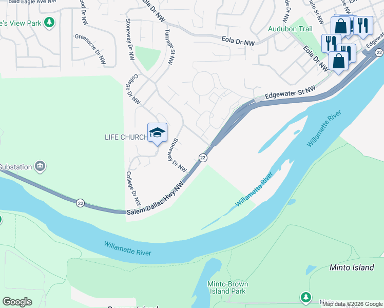 map of restaurants, bars, coffee shops, grocery stores, and more near 2231 Dallas Highway Northwest in Salem