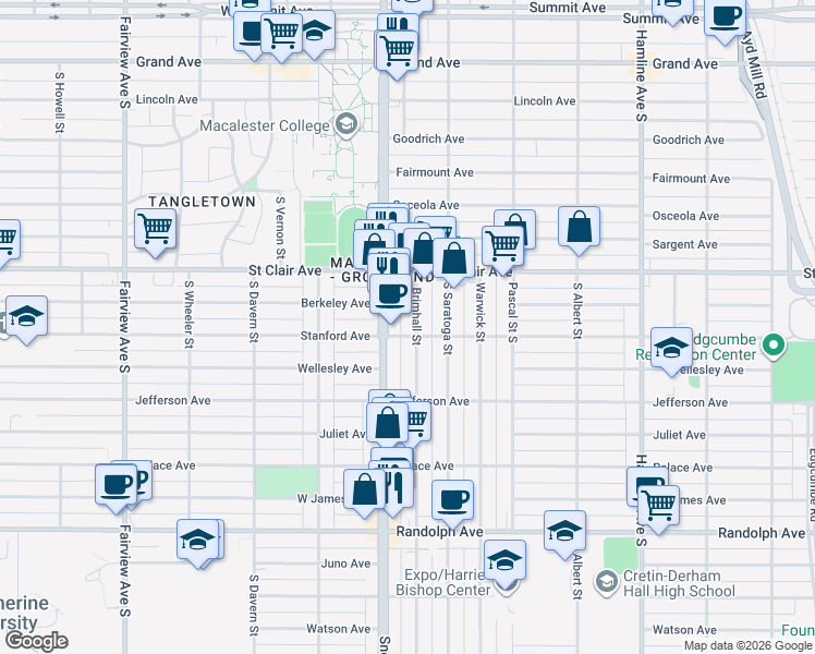 map of restaurants, bars, coffee shops, grocery stores, and more near 300 Snelling Avenue South in Saint Paul