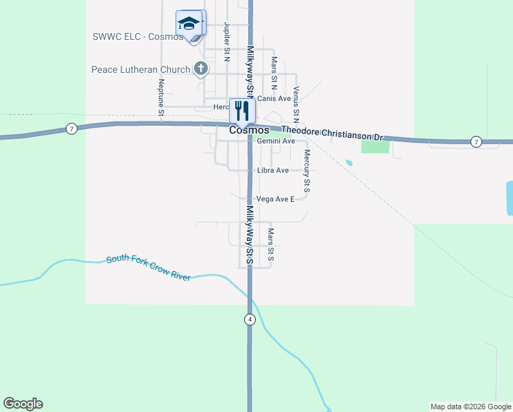map of restaurants, bars, coffee shops, grocery stores, and more near 451 Milky Way Street South in Cosmos