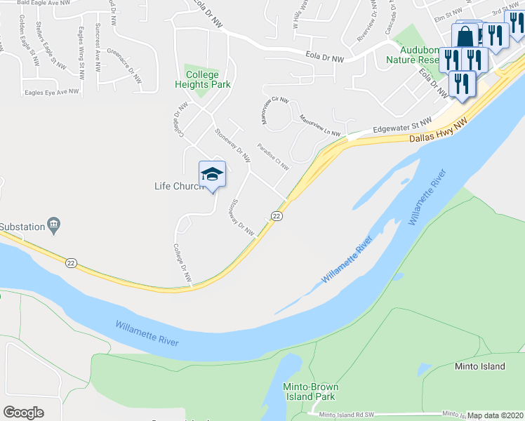 map of restaurants, bars, coffee shops, grocery stores, and more near 2293 Salem Dallas Highway Northwest in Salem