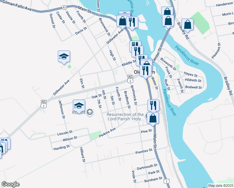 map of restaurants, bars, coffee shops, grocery stores, and more near 386 Fourth Street in Old Town