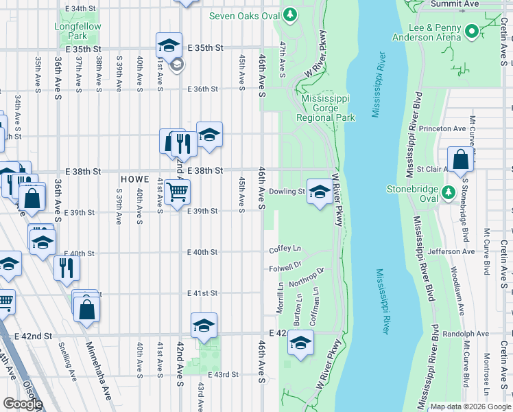 map of restaurants, bars, coffee shops, grocery stores, and more near 3901 45th Avenue South in Minneapolis