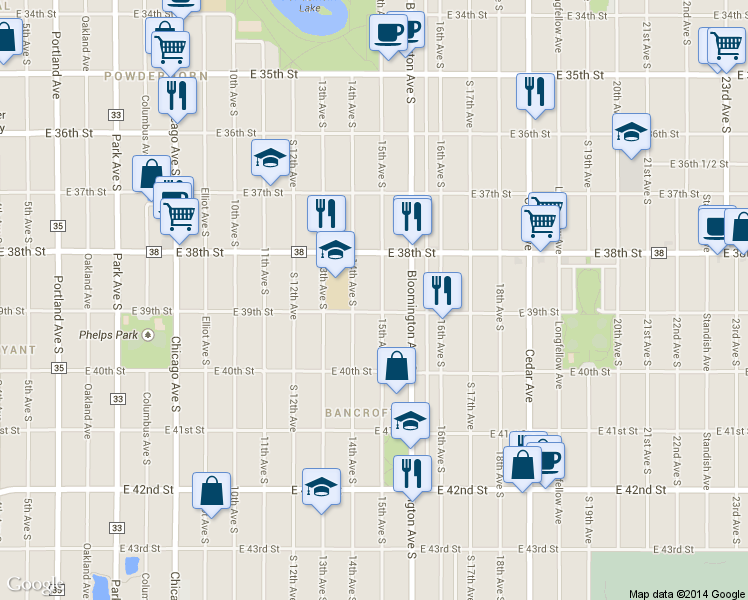 map of restaurants, bars, coffee shops, grocery stores, and more near 3859 South 15th Avenue in Minneapolis
