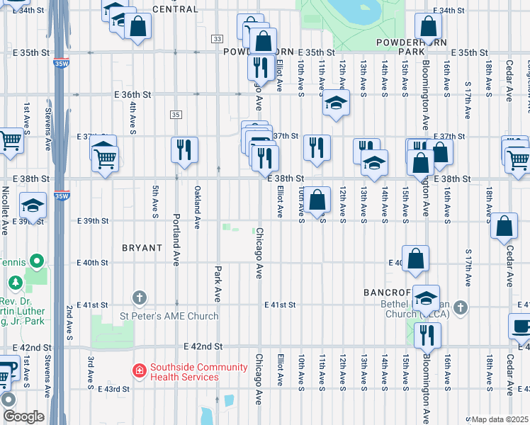 map of restaurants, bars, coffee shops, grocery stores, and more near in Minneapolis