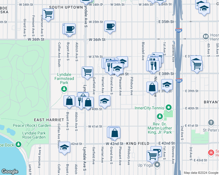 map of restaurants, bars, coffee shops, grocery stores, and more near 3852 Grand Avenue South in Minneapolis