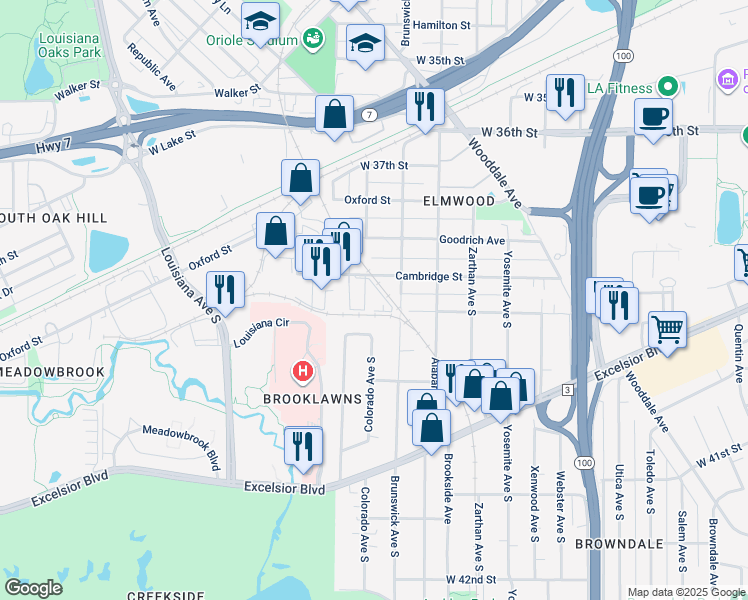 map of restaurants, bars, coffee shops, grocery stores, and more near 3870 Brunswick Avenue South in Minneapolis