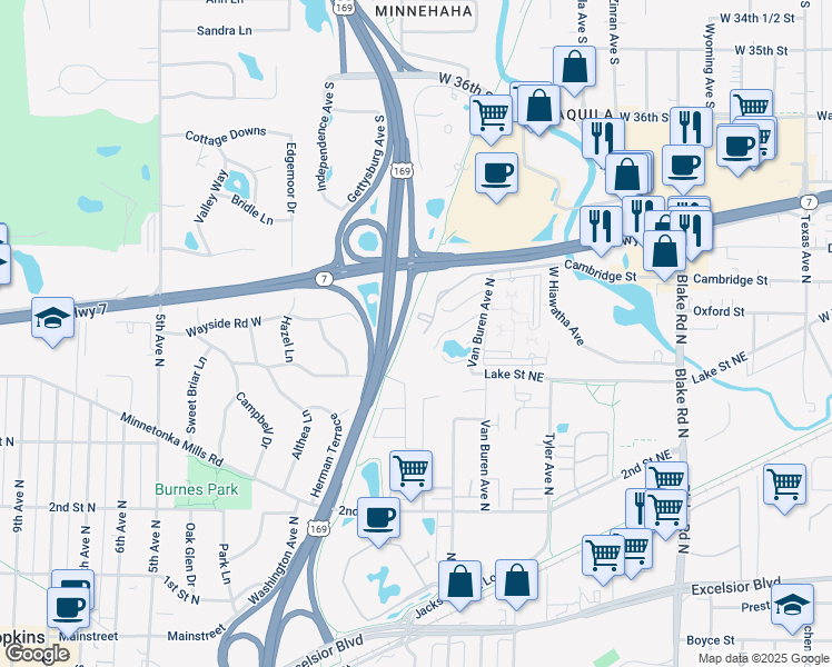 map of restaurants, bars, coffee shops, grocery stores, and more near 400 Cambridge Street in Hopkins