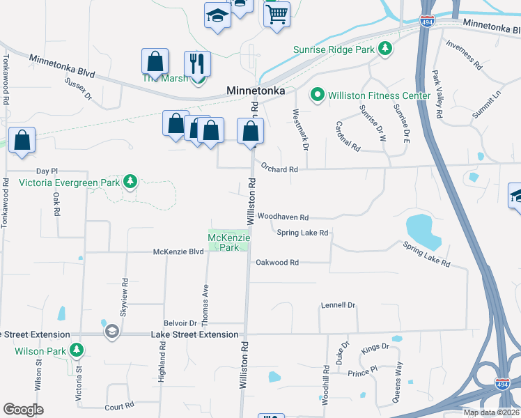 map of restaurants, bars, coffee shops, grocery stores, and more near 14714 Woodhaven Road in Minnetonka