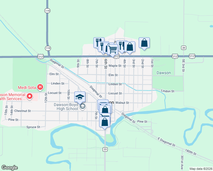 map of restaurants, bars, coffee shops, grocery stores, and more near in Dawson