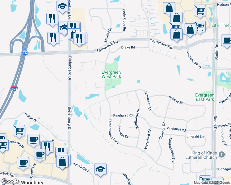 map of restaurants, bars, coffee shops, grocery stores, and more near 7816 Somerset Road in Woodbury