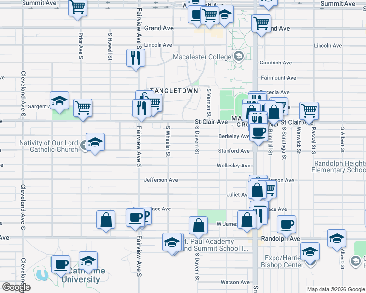 map of restaurants, bars, coffee shops, grocery stores, and more near 1745 Stanford Avenue in Saint Paul