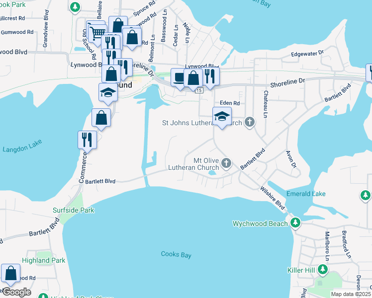 map of restaurants, bars, coffee shops, grocery stores, and more near 2551 Lakewood Lane in Mound