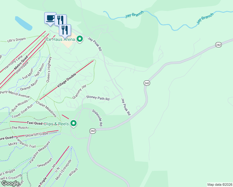 map of restaurants, bars, coffee shops, grocery stores, and more near 436 Jay Peak Road in Jay